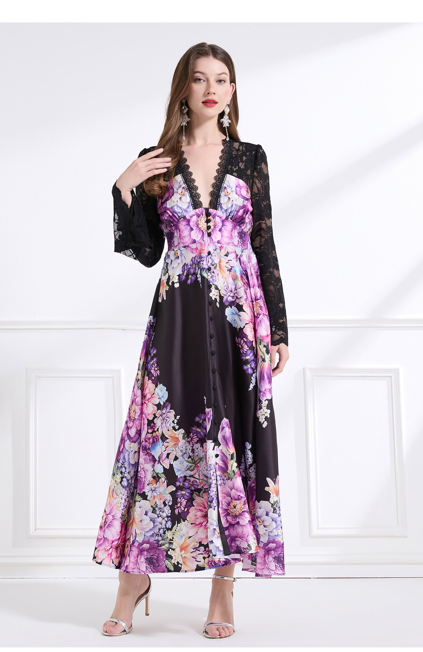 Original design - resort-inspired lace patchwork print cinched waist maxi dress with ruffles