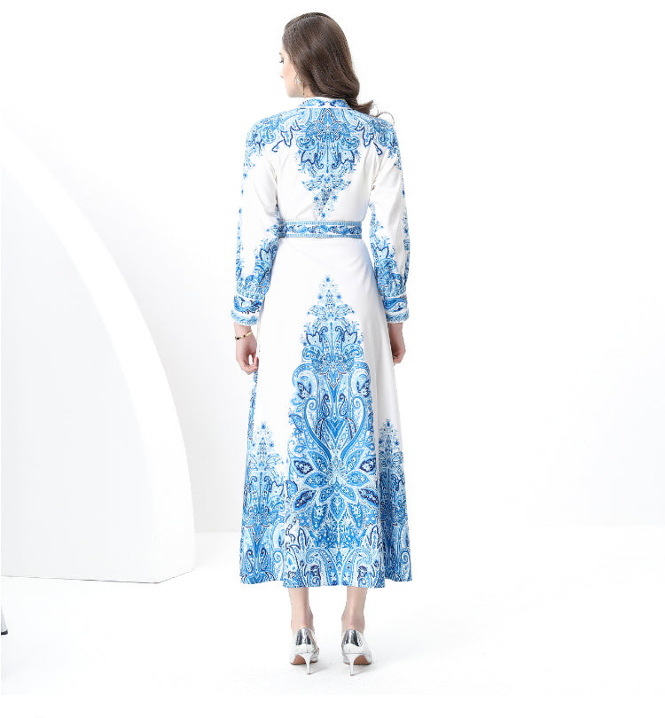 Original design: Spring, Summer, Autumn, resort style, vintage stand-up collar, single-breasted, lace panel, printed wide hem maxi dress