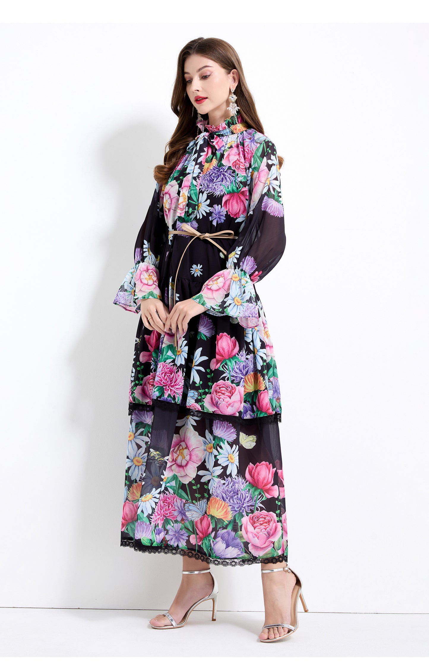 Original design - spring and summer fake lace cake skirt floral print waist ruffle skirt