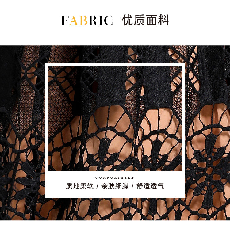Original design mid long sleeved slimming hollow out water-soluble lace positioning printed mid length dress for spring, summer, autumn vacation
