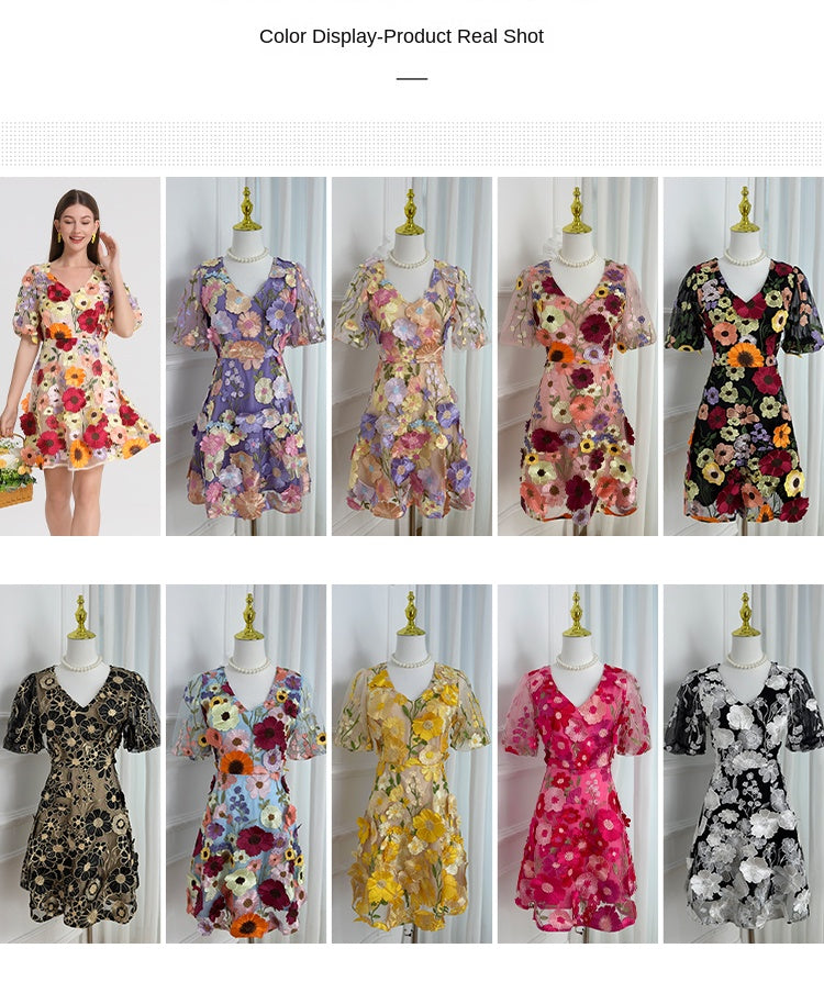 Meizhonggong boutique color handmade three-dimensional embroidered puff sleeve French pendulum dress