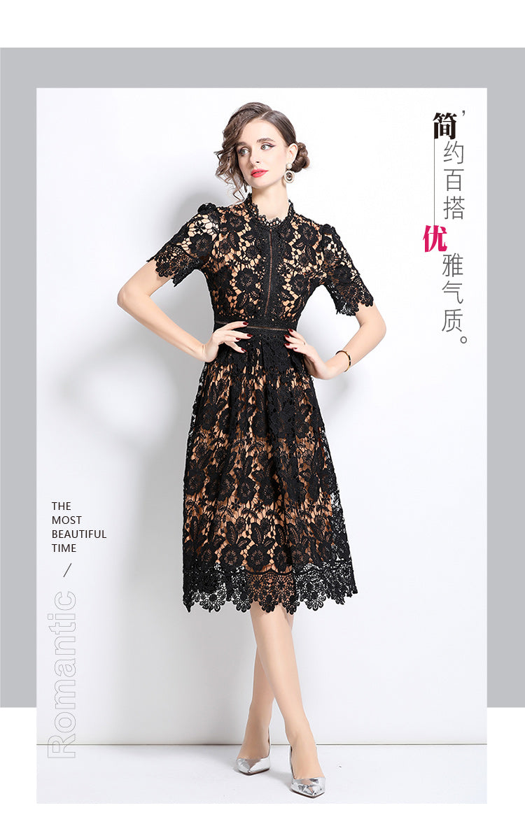 Original design short sleeved slimming hollow out water-soluble lace positioning mid length dress