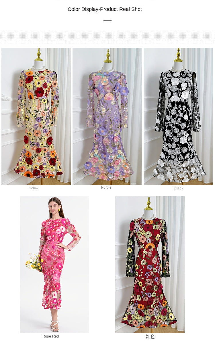 Original Design Heavy Industry Boutique Color Embroidered Handmade Three Dimensional Flower Slimming Fishtail Skirt Temperament Dress