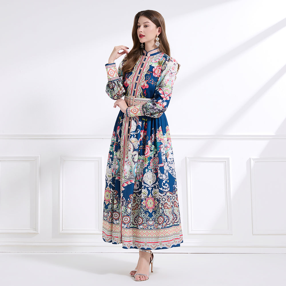 Original design - Spring, Summer, Autumn court style stand collar vintage print balloon sleeve ruffled maxi dress