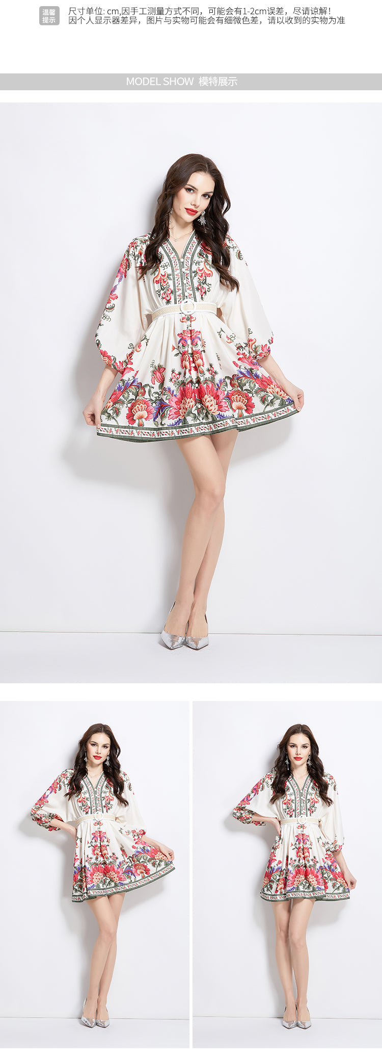 Original design spring summer autumn vacation ethnic style print elegant temperament short V-neck dress
