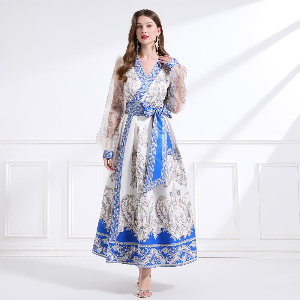 Original design - spring and summer resort style lace patchwork print waist maxi skirt ruffle dress