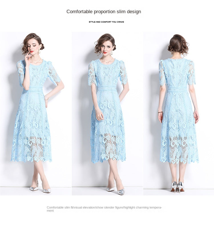 Original design temperament short sleeved skirt slim fit waist cinching heavy industry water-soluble lace dress for women