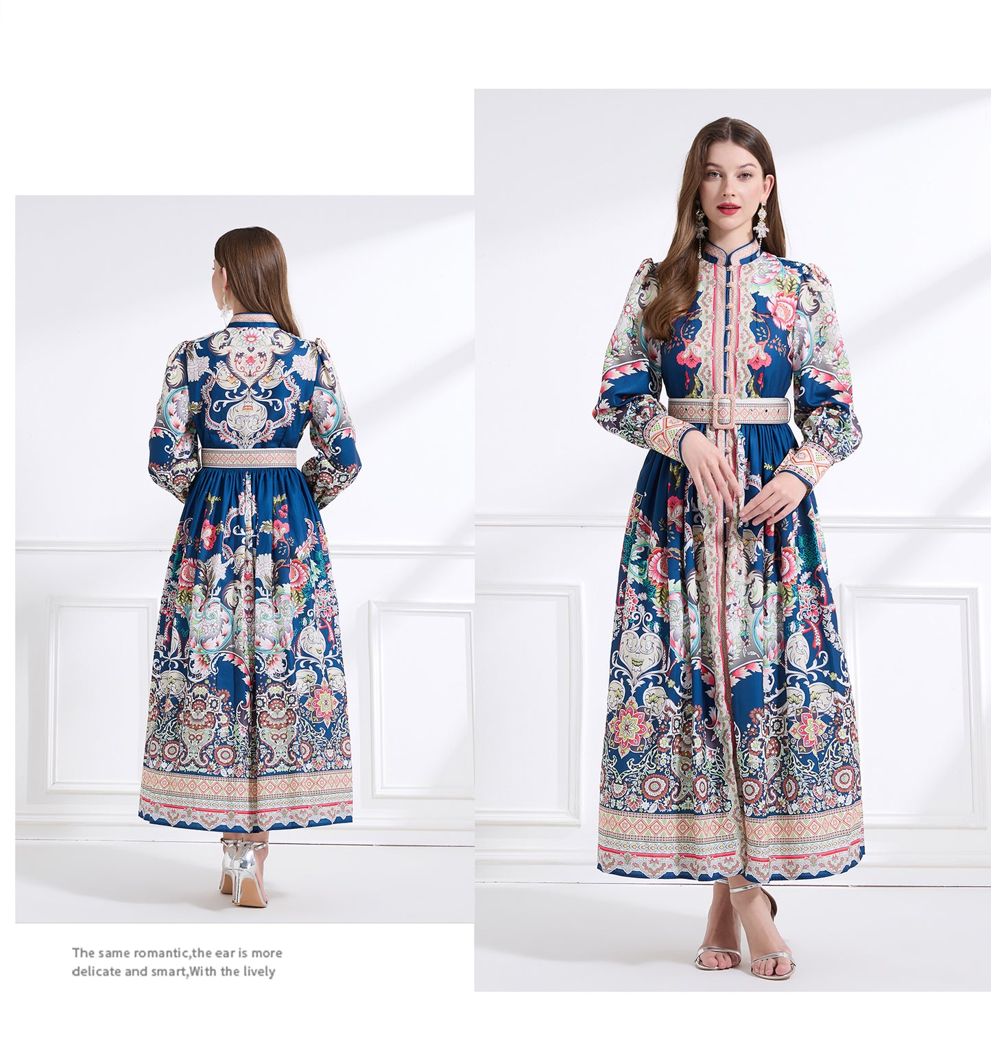 Original design - Spring, Summer, Autumn court style stand collar vintage print balloon sleeve ruffled maxi dress