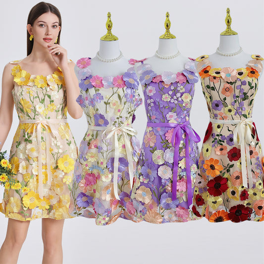 Art embroidery boutique color three-dimensional hand-ordered adjustment tie slip dress
