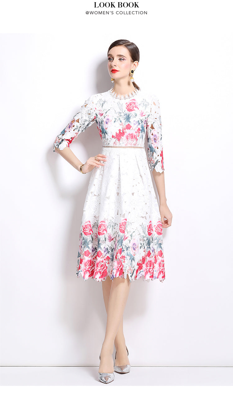 Original design mid long sleeved fashionable slimming hollow out water-soluble lace positioning mid length dress