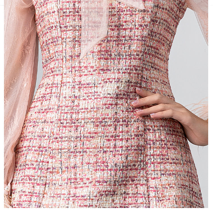 Original design: spring, summer, autumn, art lace stitching, colored tweed, small fragrance, big bow, ostrich feather dress