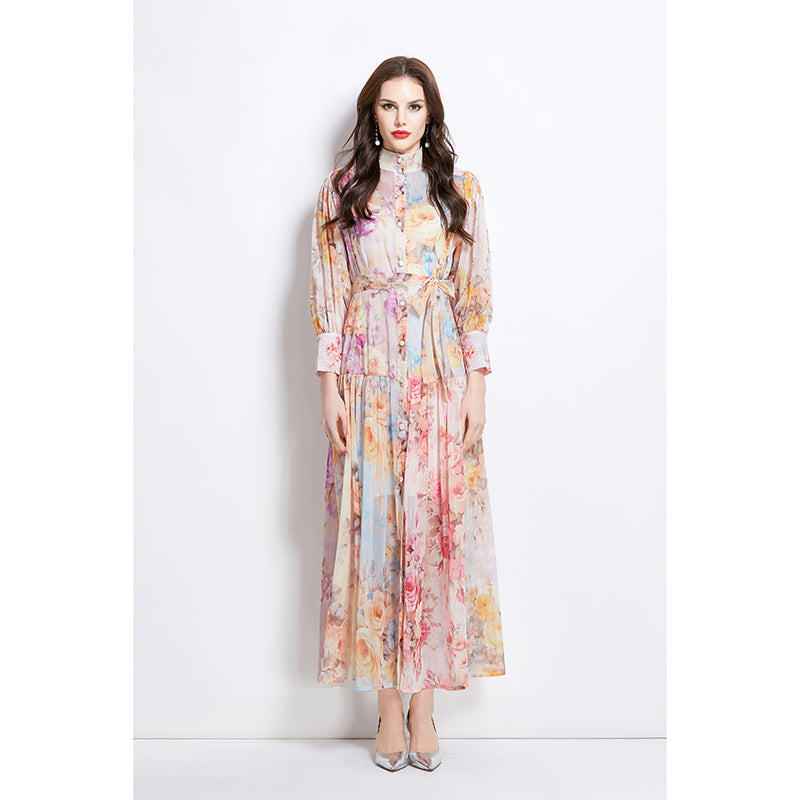 Original design: Spring/Summer ethnic style retro stand up collar lantern sleeve printed dress