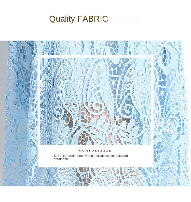 Original design temperament short sleeved skirt slim fit waist cinching heavy industry water-soluble lace dress for women