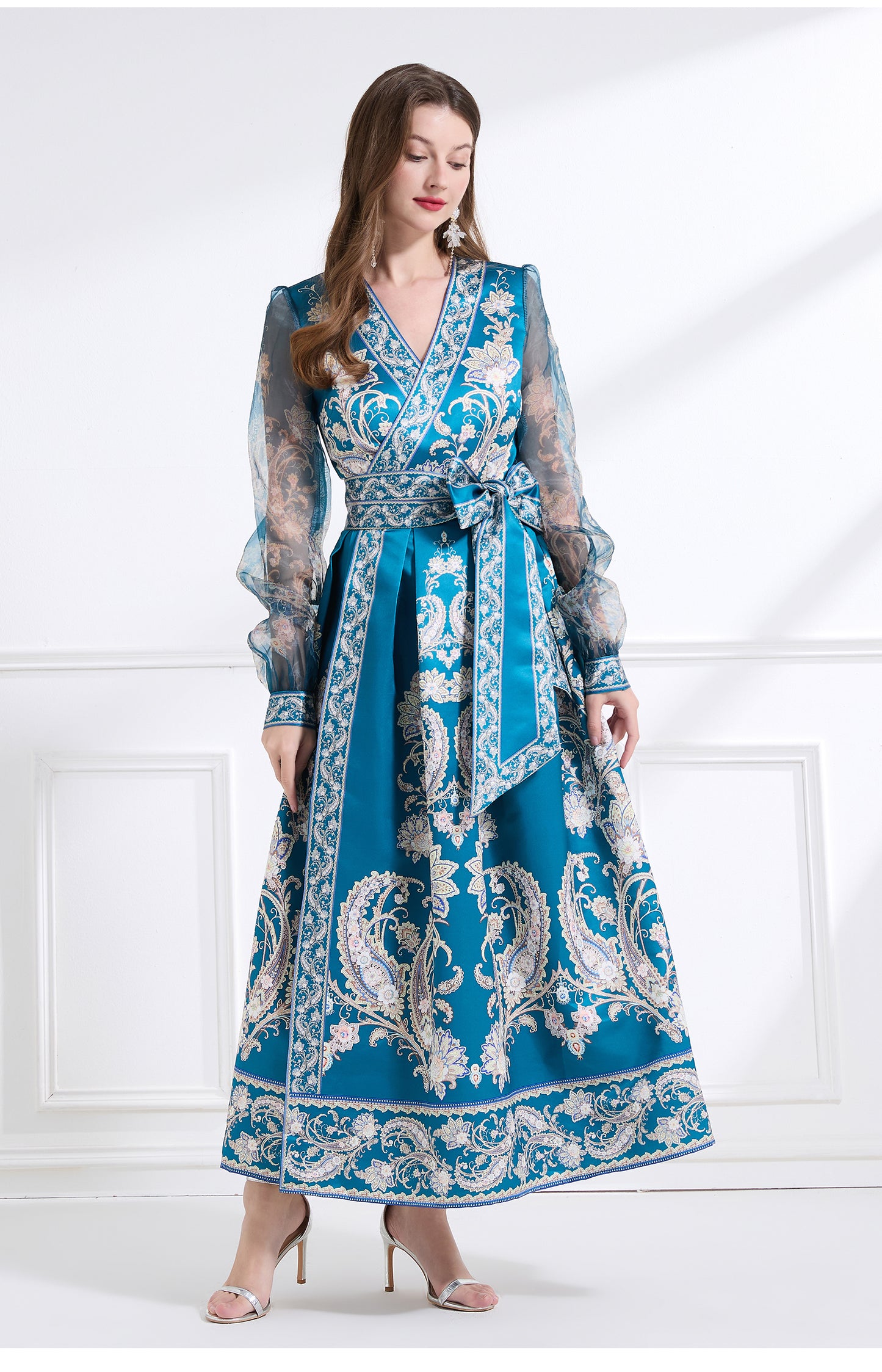 Original design - spring and summer resort style lace patchwork print waist maxi skirt ruffle dress