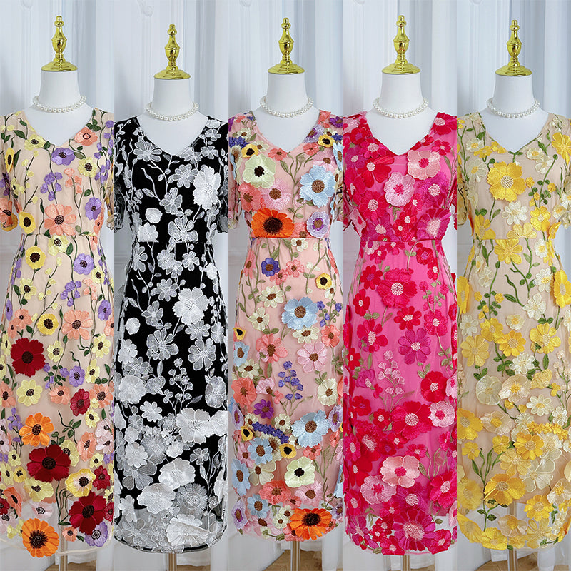 Art embroidery boutique color hand-ordered vintage V-neck slit wrap hip dress