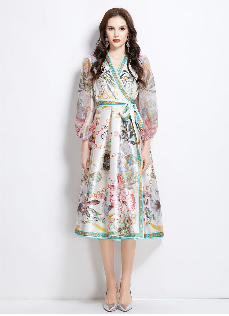 Original design for spring and summer V-neck ethnic style printed satin wrapped long length dress