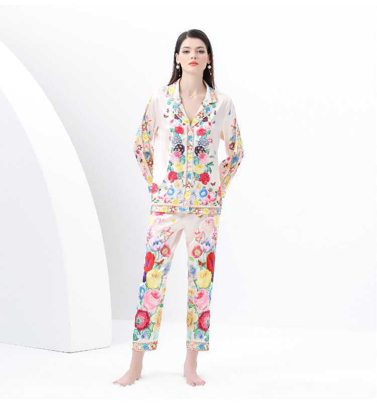 original design Spring/Summer casual trim pyjama suit set with a suit collar and long sleeves and trousers print two-piece set