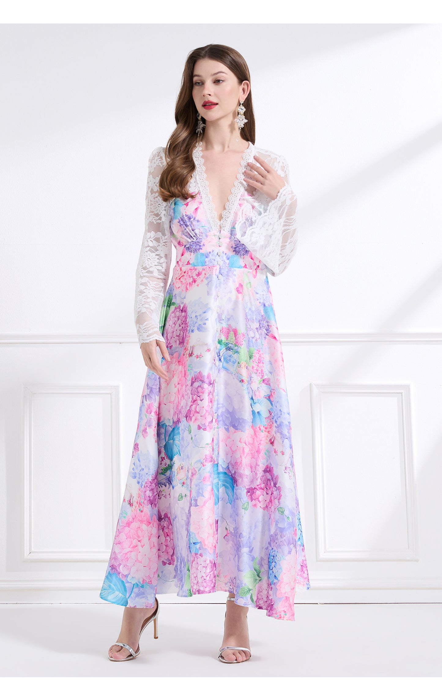 Original design - spring and summer resort style lace patchwork print waist maxi skirt ruffle dress