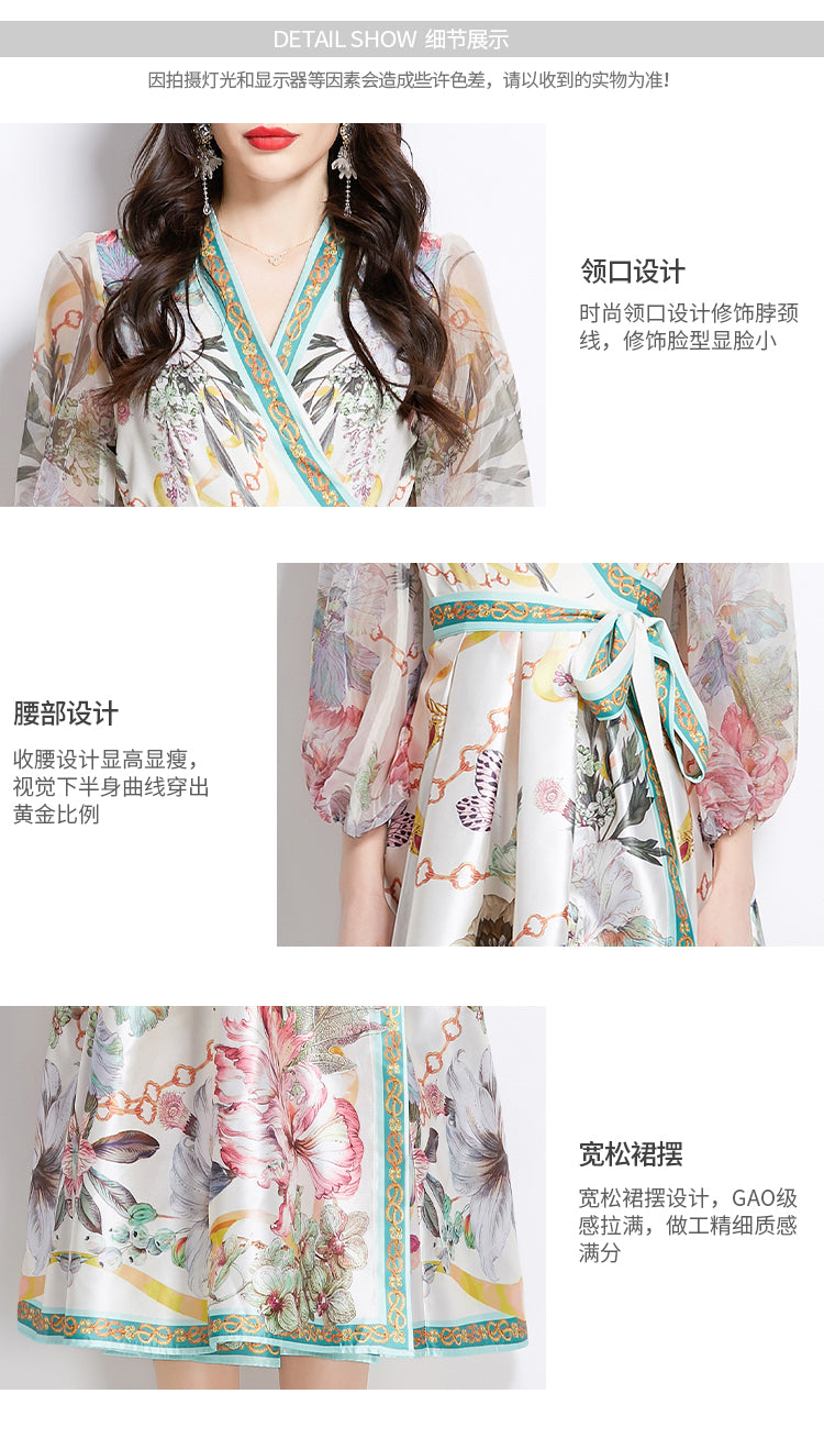 Original design for spring and summer V-neck ethnic style printed satin wrapped long length dress