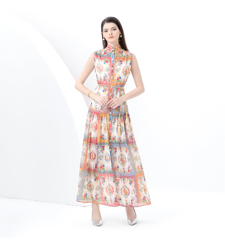 Original design: Spring, Summer, Autumn, vintage style, stand collar, sleeveless, wavy edge, long printed dress 2-piece set