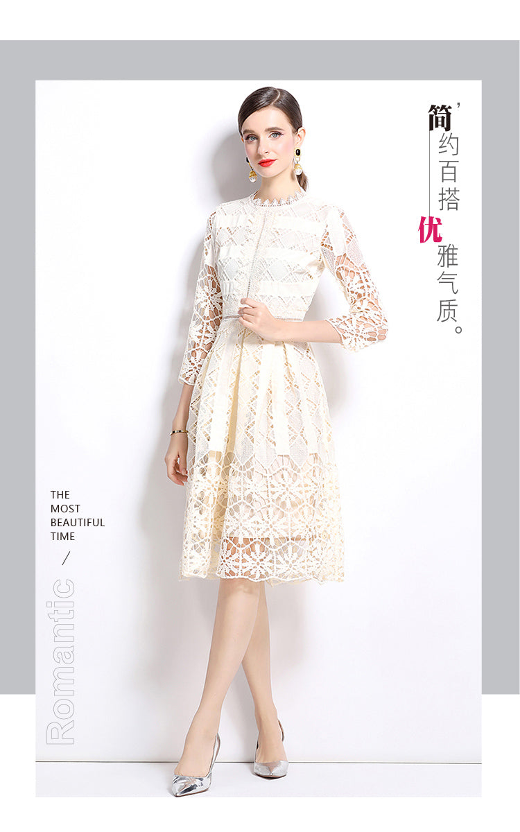 Original design mid long sleeved slimming hollow out water-soluble lace positioning printed mid length dress for spring, summer, autumn vacation