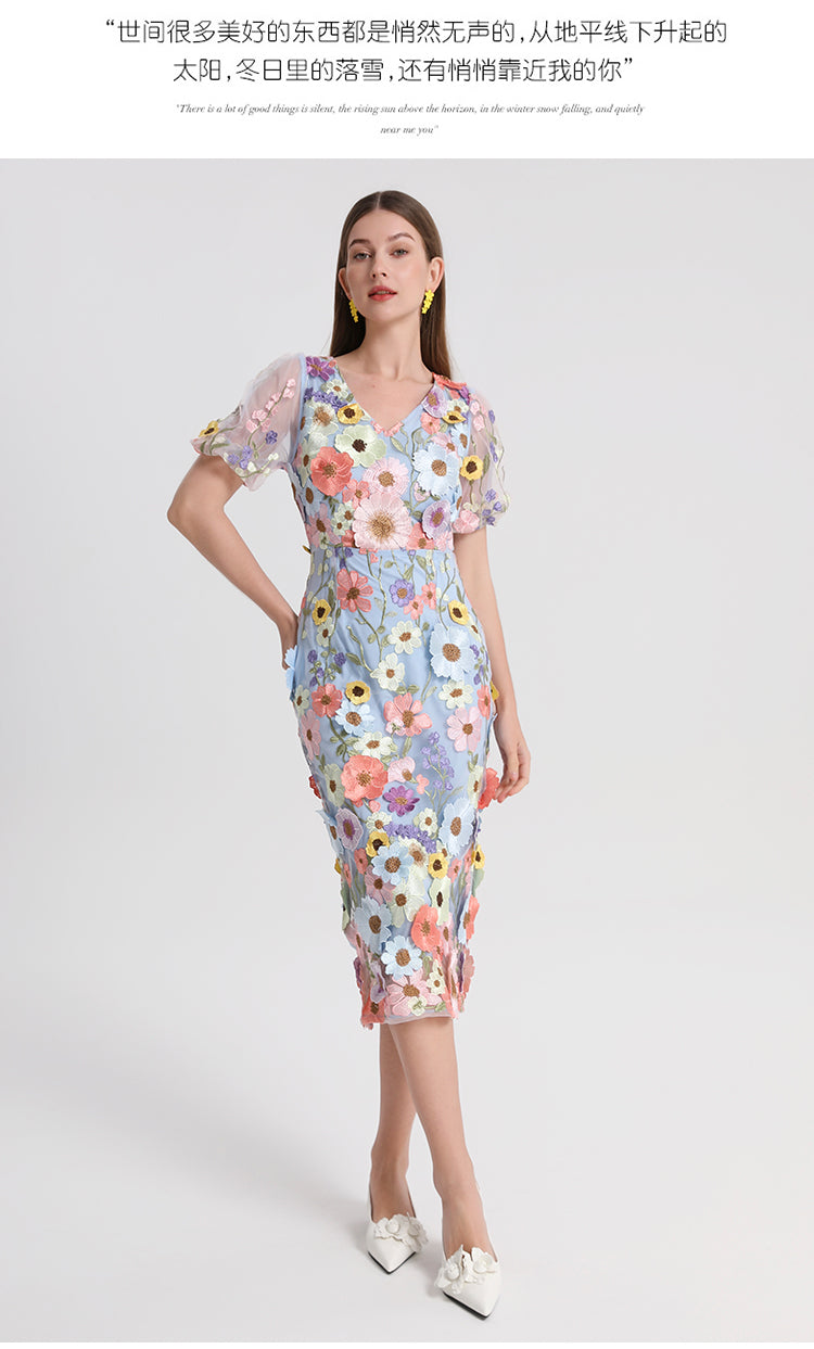 Art embroidery boutique color hand-ordered vintage V-neck slit wrap hip dress