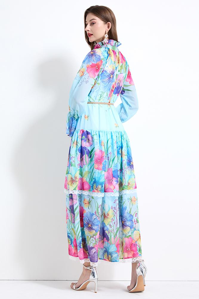 Original design - spring and summer fake lace cake skirt floral print waist ruffle skirt