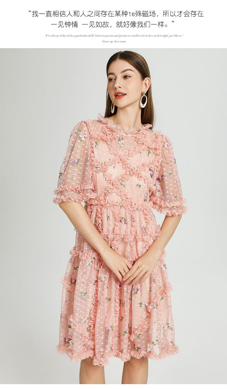 Artwork French romantic boutique custom gauze small floral embroidery short vintage cake dress
