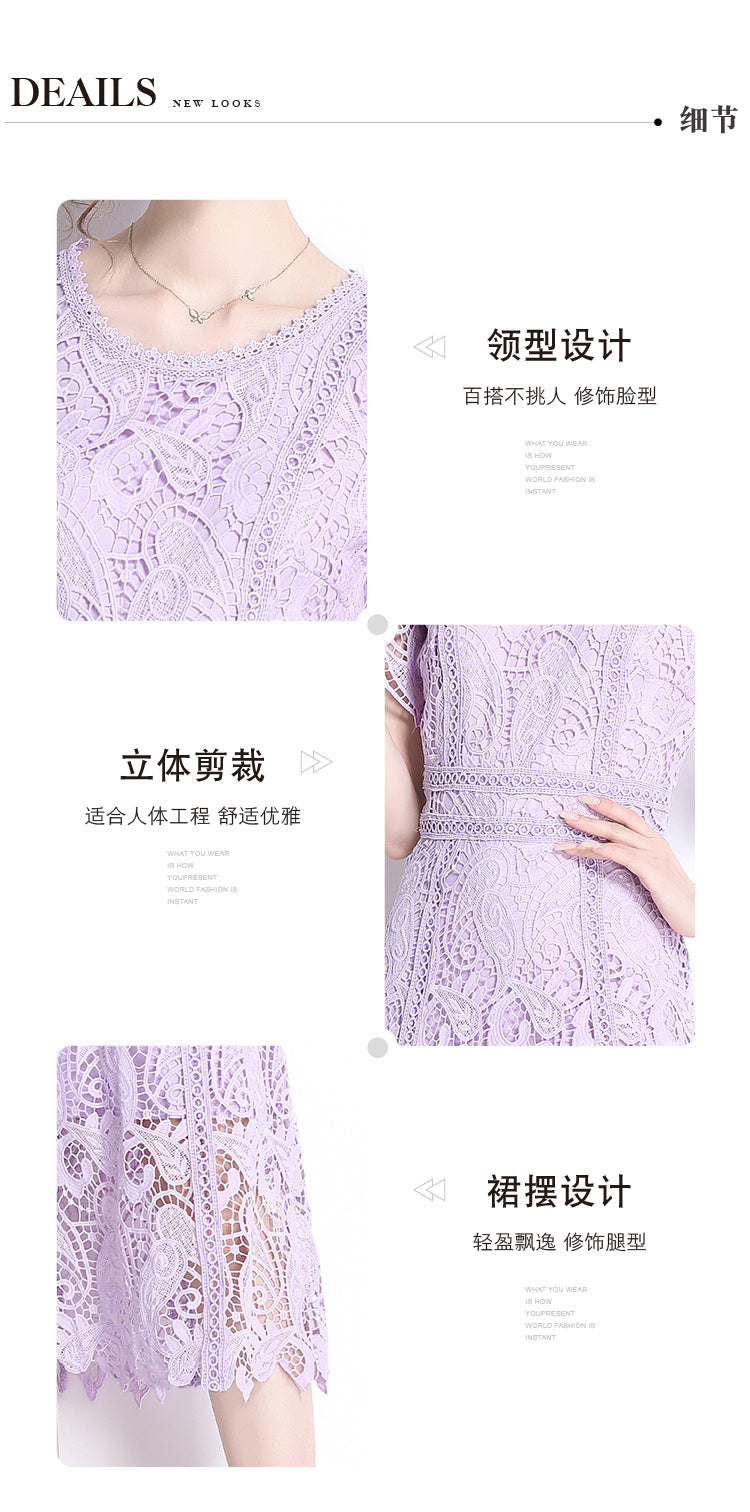 Original design temperament short sleeved skirt slim fit waist cinching heavy industry water-soluble lace dress for women