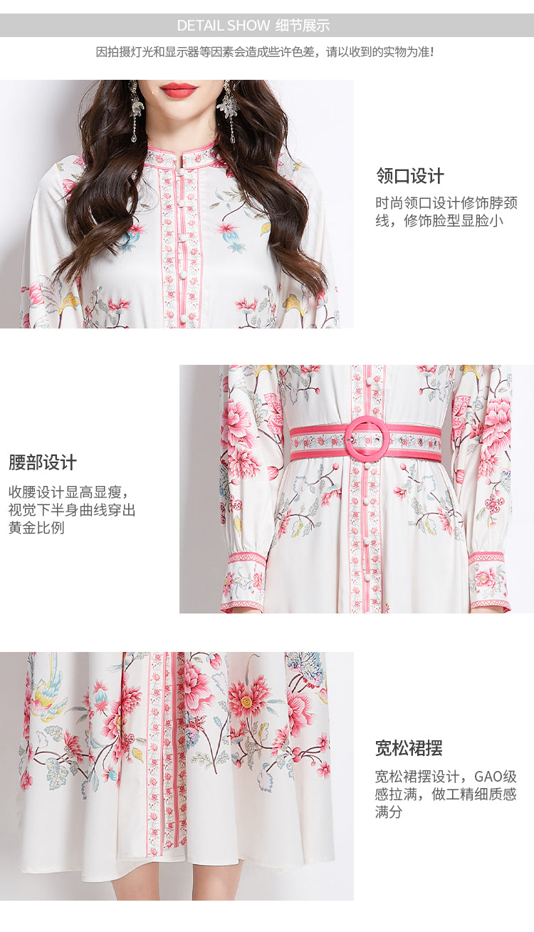 Original design mid length dress with blue and white porcelain pattern standing collar for spring, summer, autumn vacation