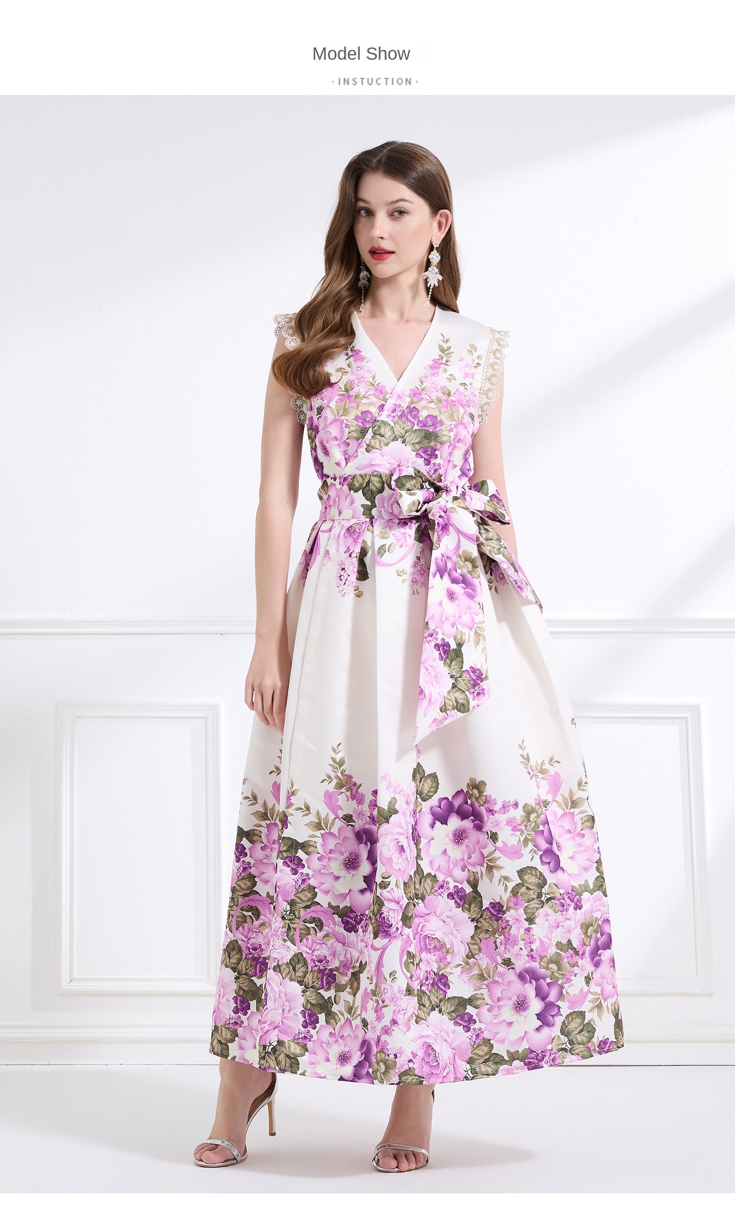 Original design - spring, summer and autumn fake wind, small flying sleeves, flower fairy print, seaside waist ruffle tie long skirt