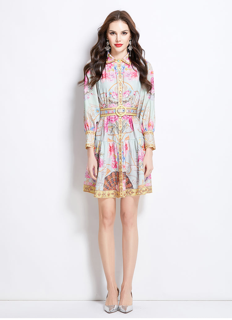 Original Design Spring Summer Autumn Vacation Painted Oil Painting Style Short Collar Dress