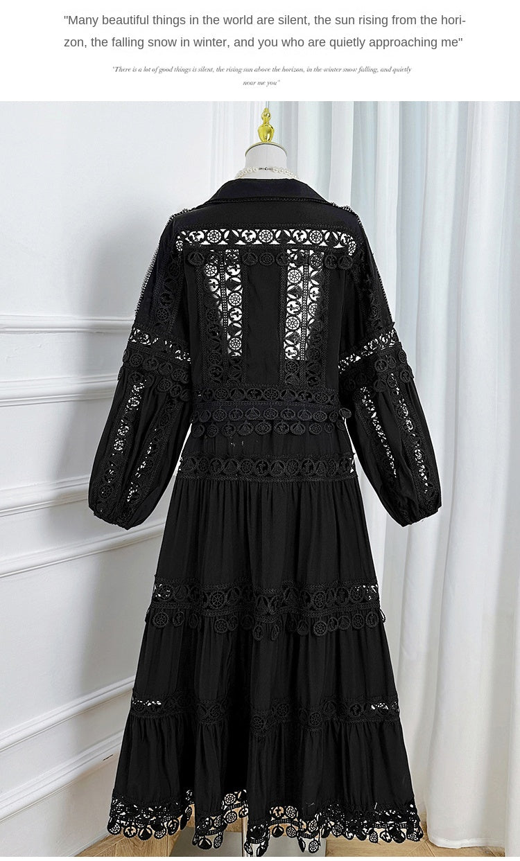 Meizhonggong boutique cut-out lapel lace stitched pendant lace maxi skirt set