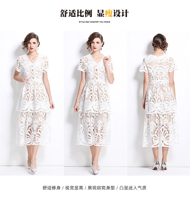 Original Design: Spring/Summer French Luxury Water soluble Embroidered Medium length Skirt with V-neck and Waist cinching to Look Thin Dress