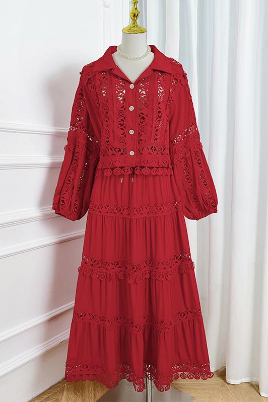 Meizhonggong boutique cut-out lapel lace stitched pendant lace maxi skirt set