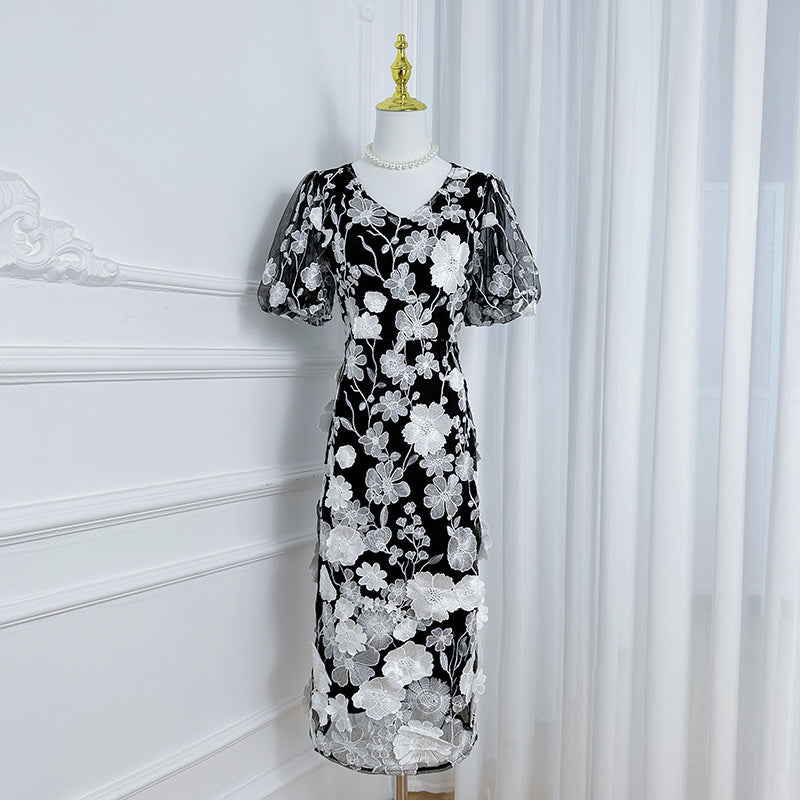 Art embroidery boutique color hand-ordered vintage V-neck slit wrap hip dress