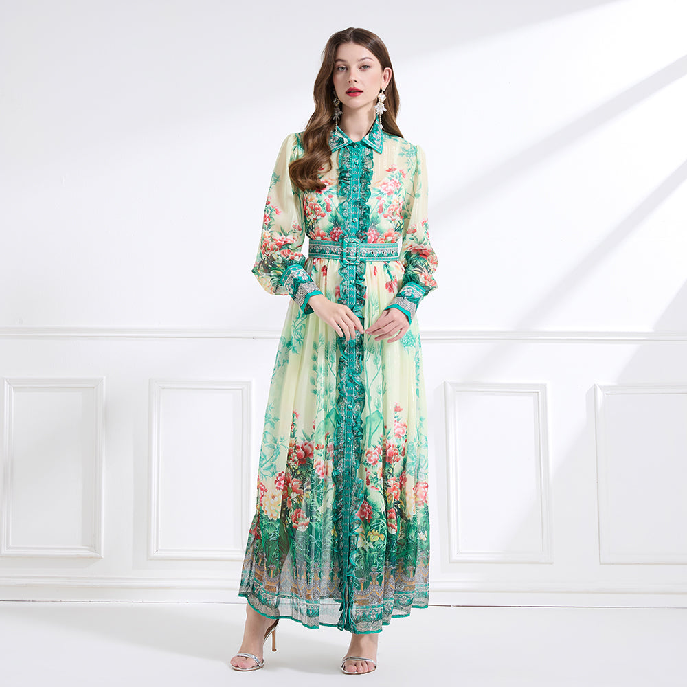 Original design - Spring/Summer, Autumn chiffon shirt collar print, long sleeves, cinched waist, ruffled maxi skirt