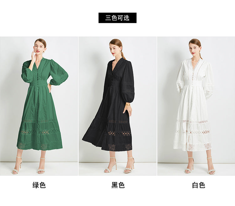 Original design fashionable temperament V-neck patchwork lace hollow out design sense long sleeved waist cinching dress