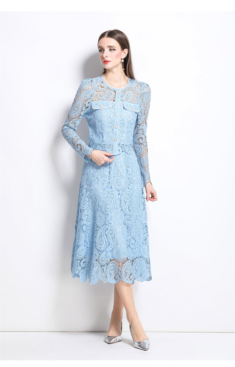 Original design for spring and summer small fragrance style set light luxury and high-end water-soluble lace skirt two-piece set