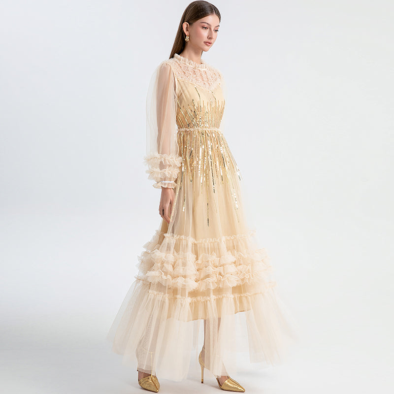 Meizhonggong embroidered sequins mesh stitching fungus edge temperament dress dress