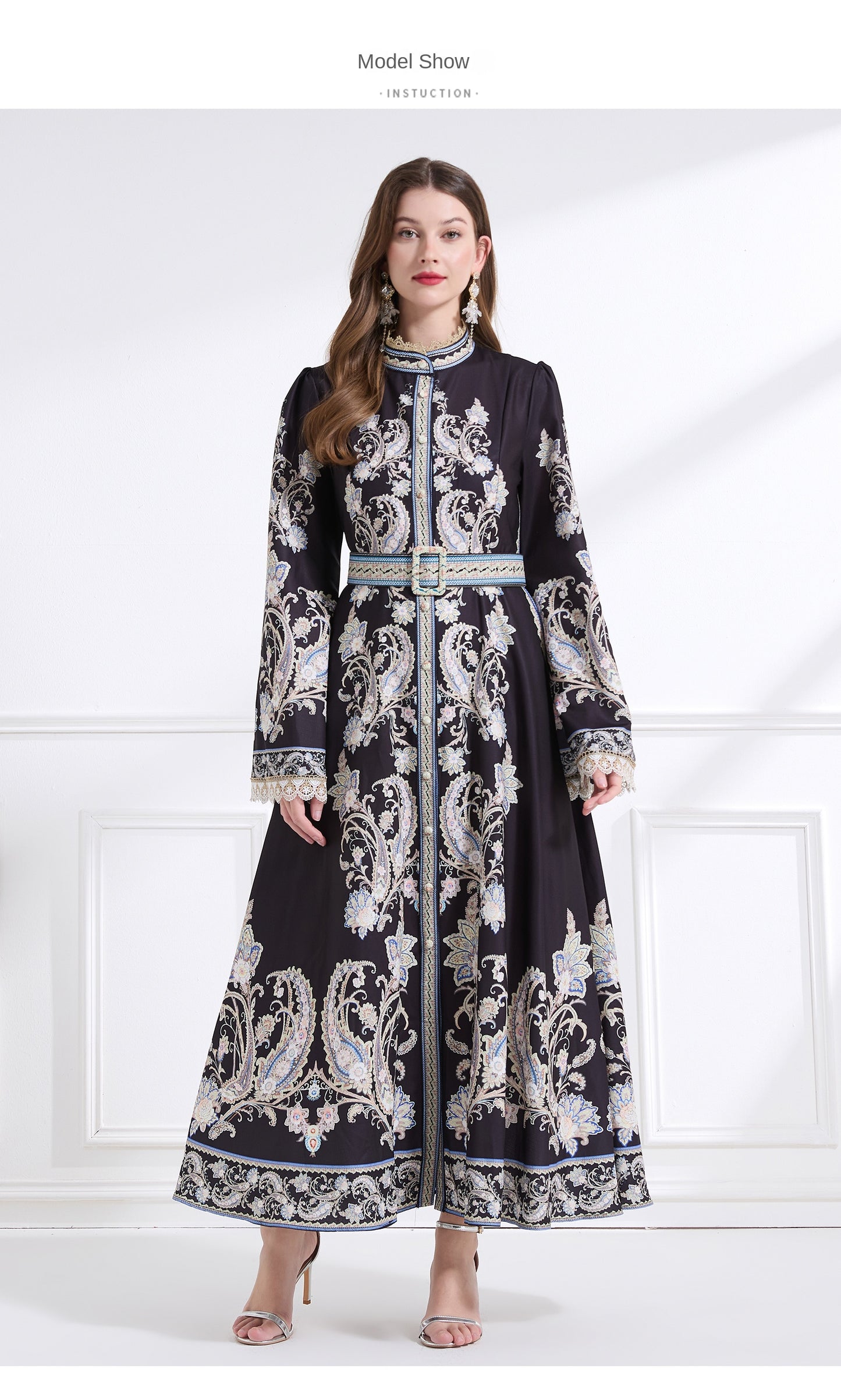 Original design - a court-style retro stand-up collar lace print tunic with a large hem waist