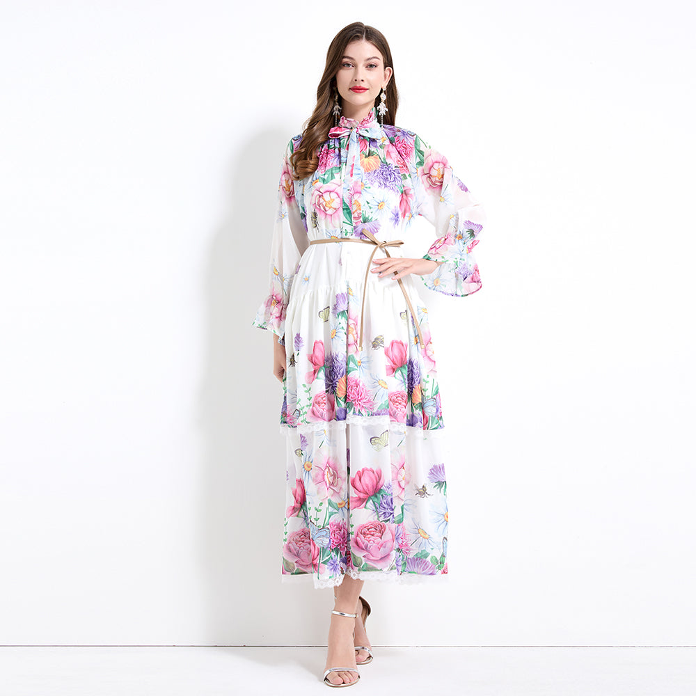 Original design - spring and summer fake lace cake skirt floral print waist ruffle skirt
