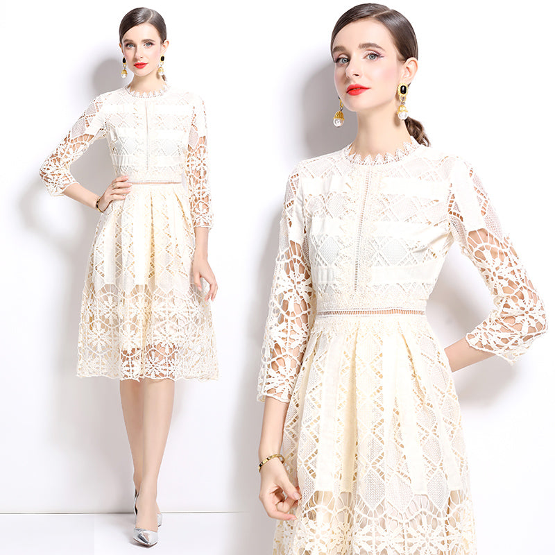 Original design mid long sleeved slimming hollow out water-soluble lace positioning printed mid length dress for spring, summer, autumn vacation