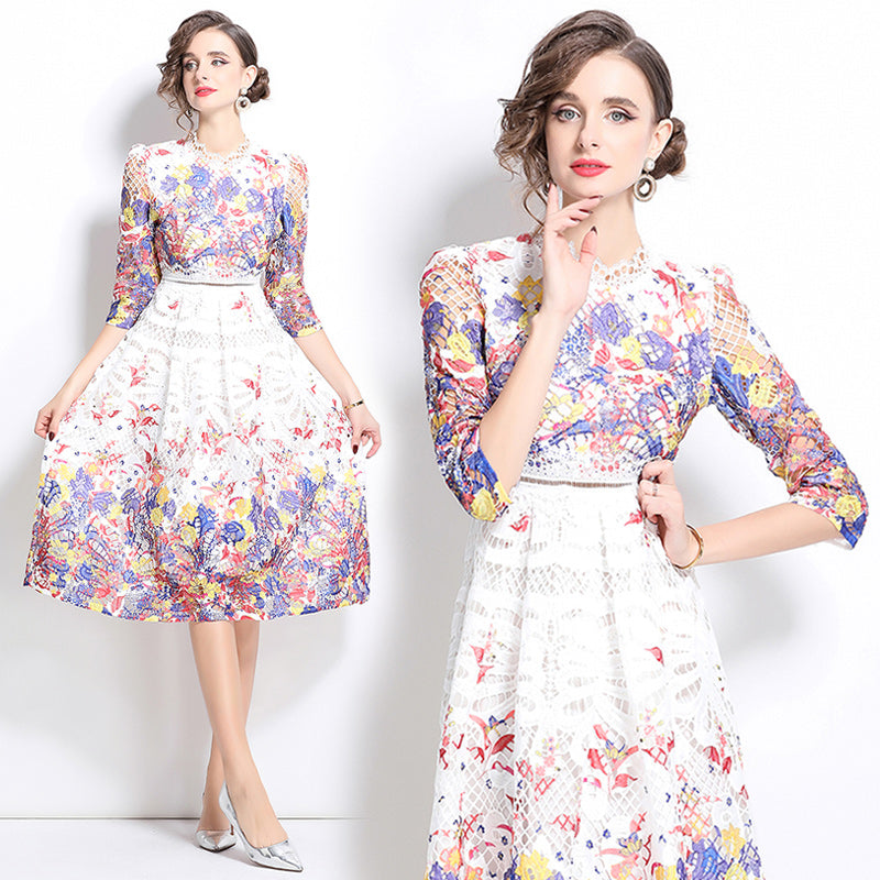 Original design mid long sleeved fashionable slimming hollow out water-soluble lace positioning mid length dress