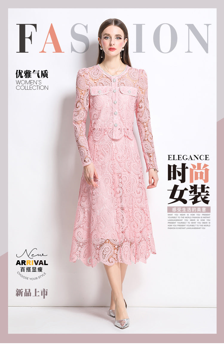 Original design for spring and summer small fragrance style set light luxury and high-end water-soluble lace skirt two-piece set