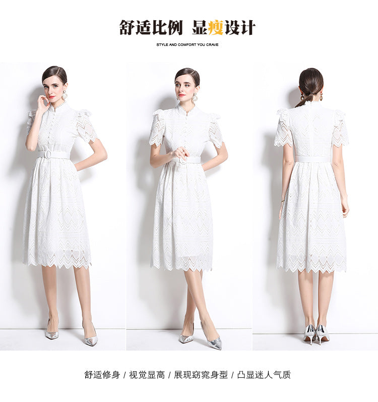 Original design elegant patchwork waist cinching short sleeved dress