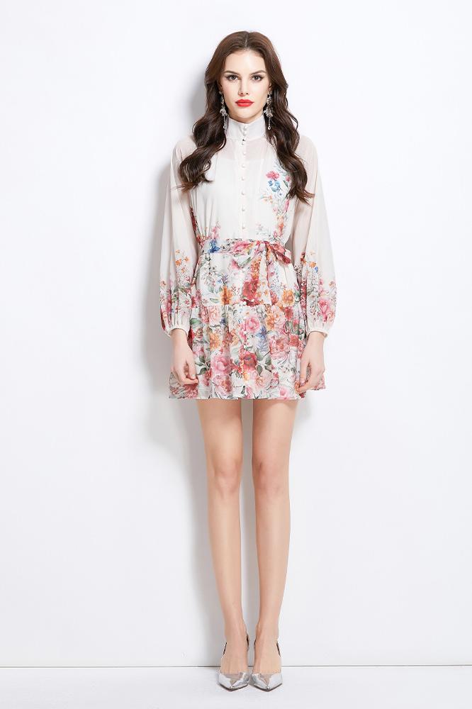 Original design for spring and summer vacation, new floral oil painting style stand up collar short dress