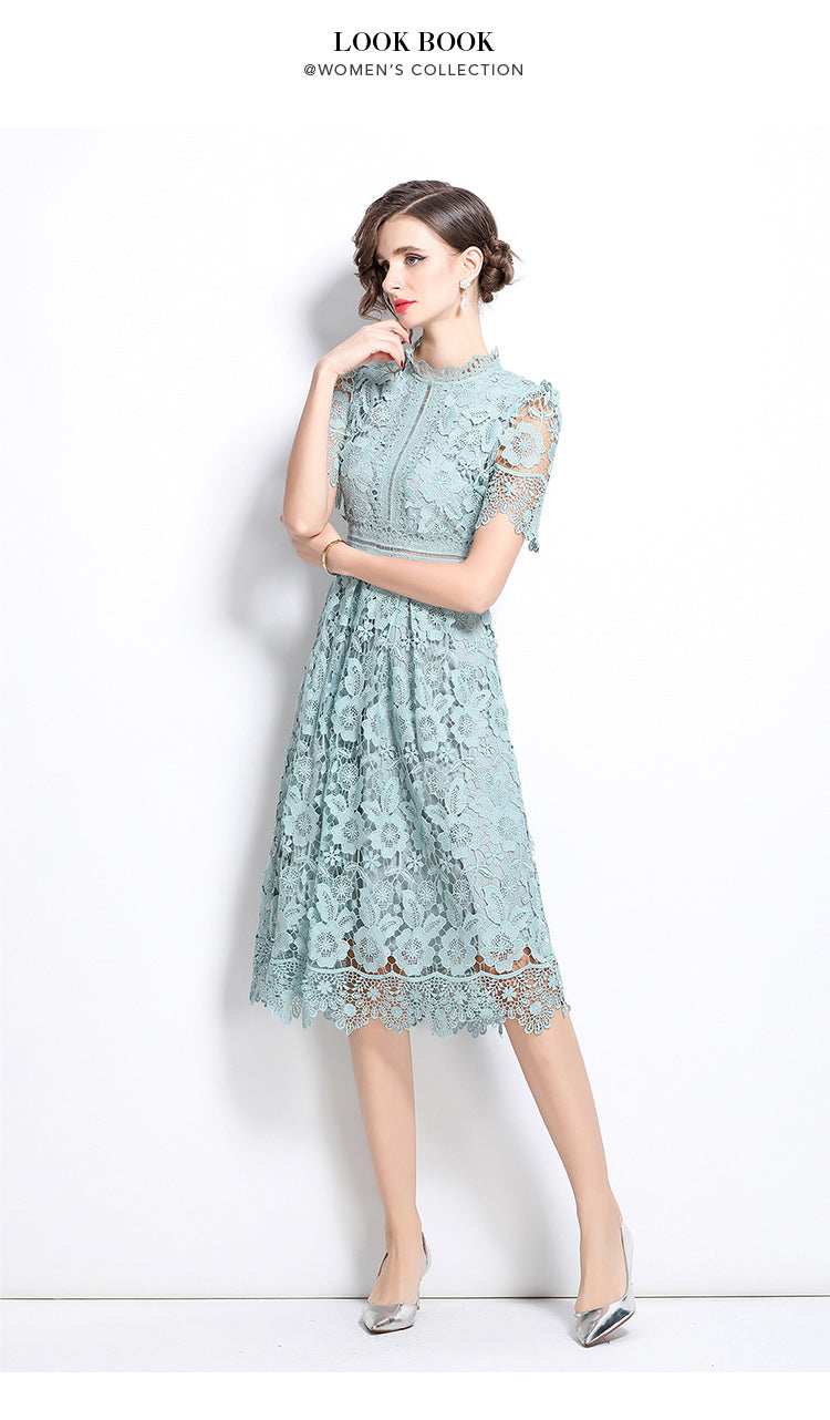 Original design short sleeved slimming hollow out water-soluble lace positioning mid length dress