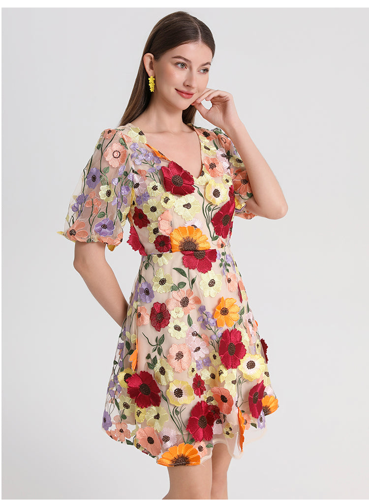 Meizhonggong boutique color handmade three-dimensional embroidered puff sleeve French pendulum dress