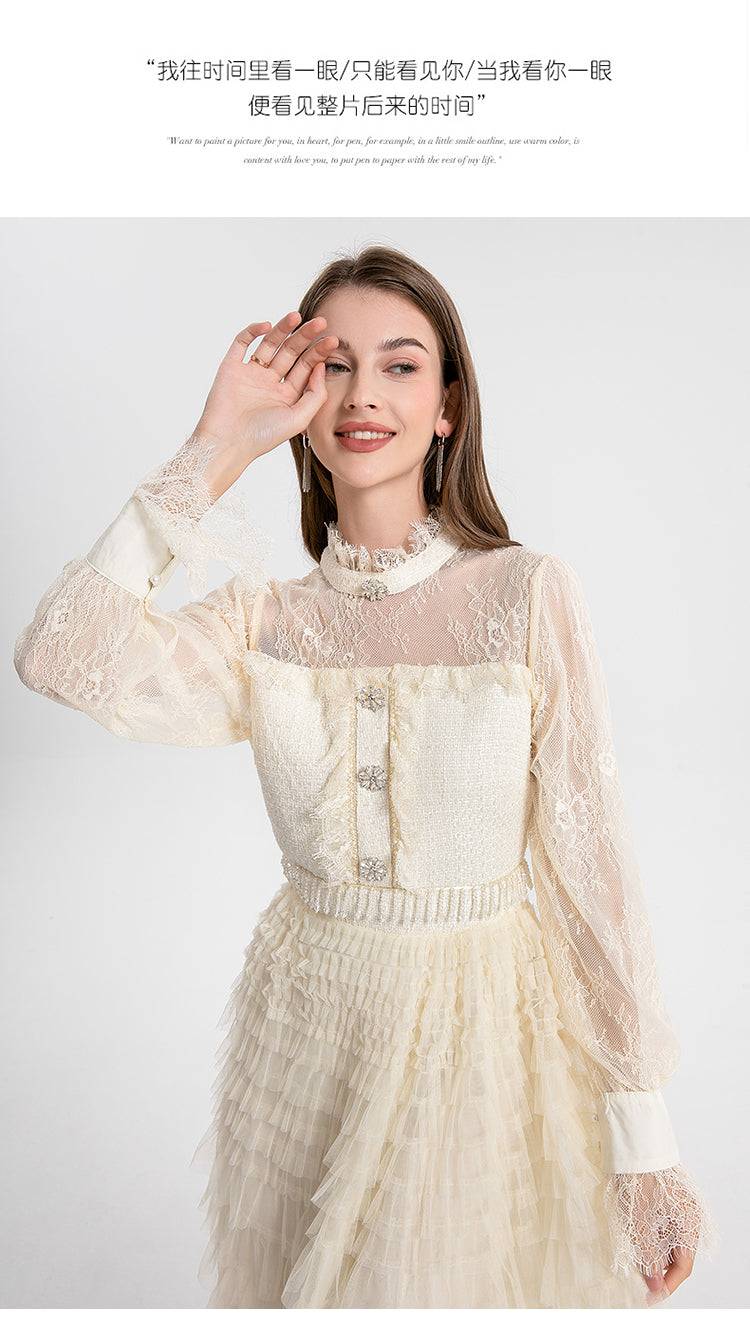 Women's clothing heavy art, coarse tweed splicing mesh cake skirt